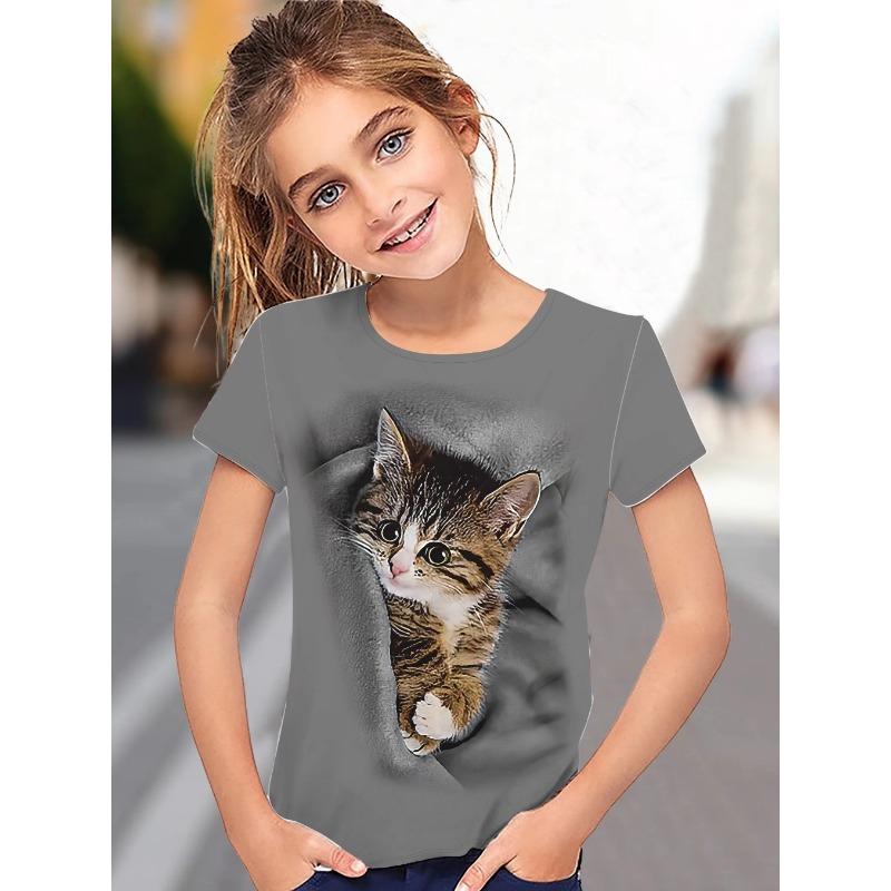 T-Shirt for Girls Cute Kitten Girls Clothes Kids T-Shirt Summer Short Sleeve Children Outdoor Sports Tops T-Shirt for Girls