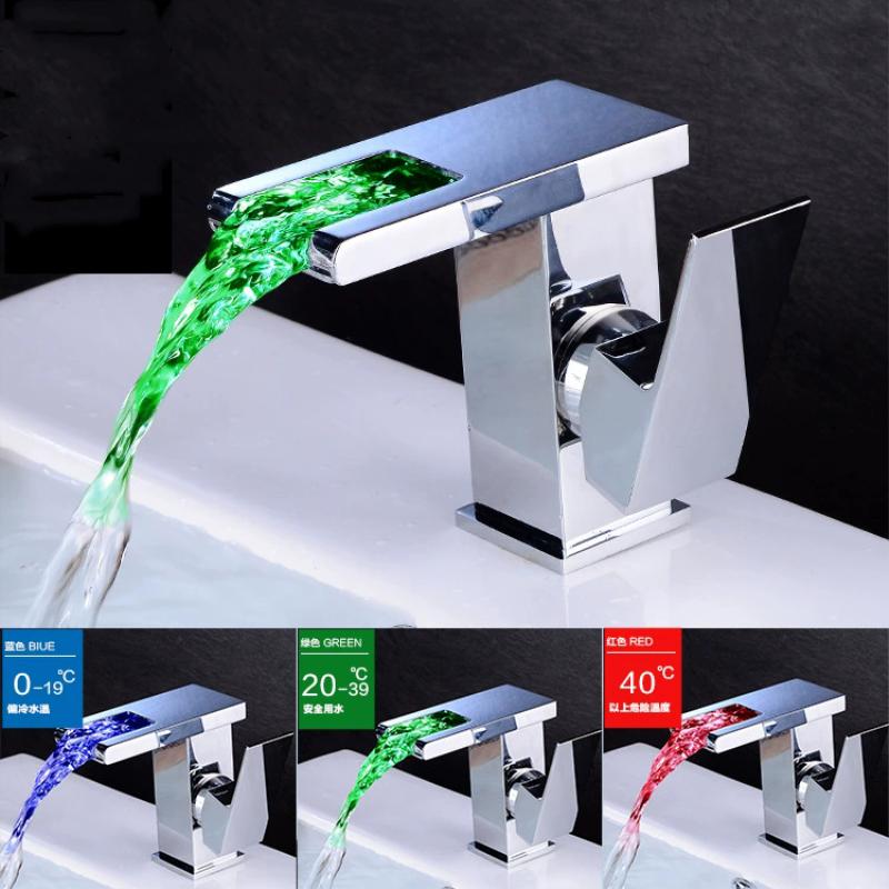 LED Basin Faucet Hot and Cold Square Basin Faucet Brass Waterfall Crane Sink Faucet Single Handle Water Tap