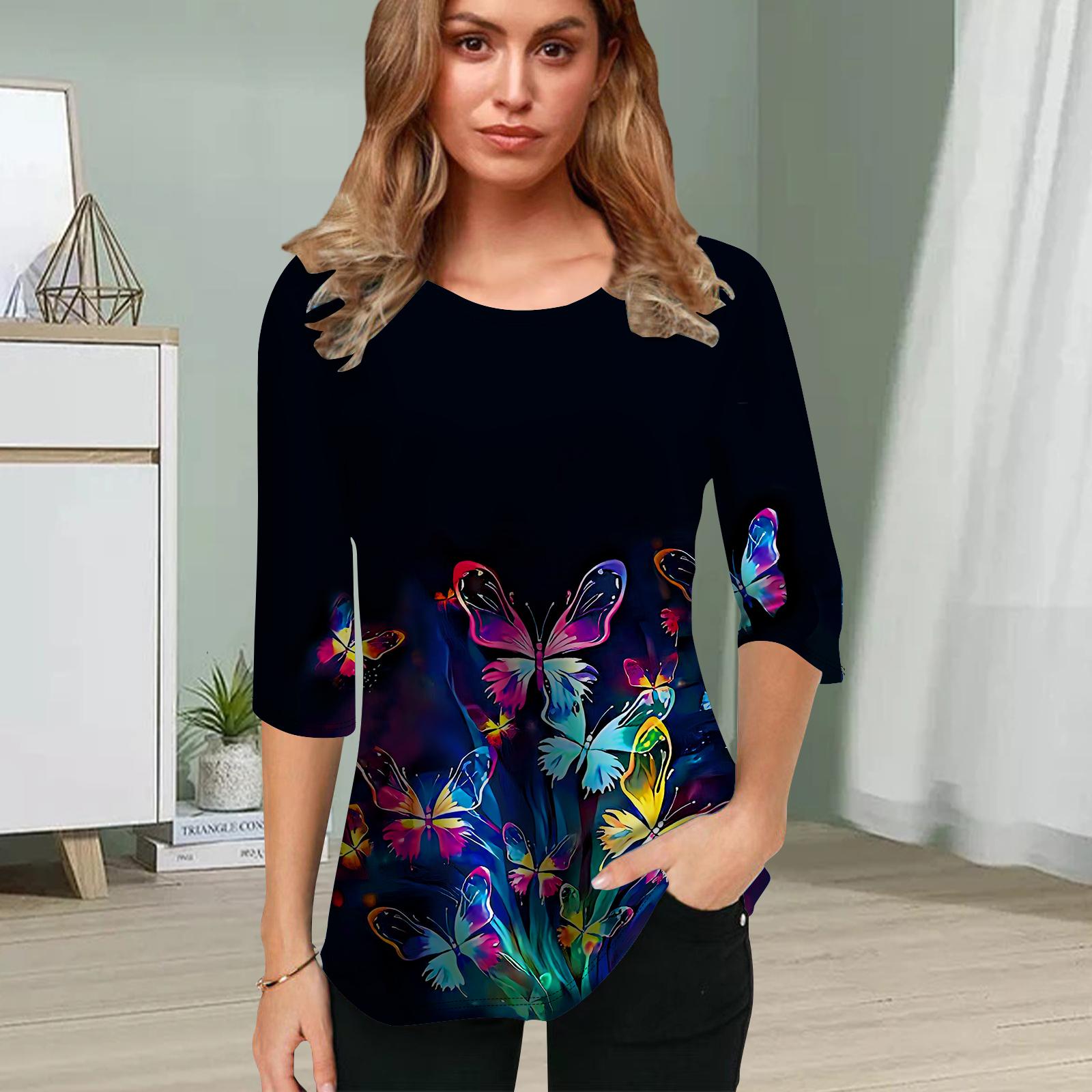 

Женская блузка с 3D-принтом в виде цветной флуоресцентной бабочки, топы с коротким рукавом, летние повседневные топы, футболка с круглым вырезом и коротким рукавом XS розовый