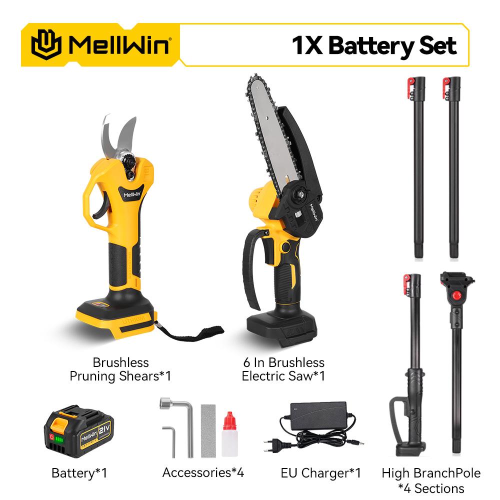 MELLWIN Perche télescopique 200cm Électrique sans balais Tronçonneuse 6 pouces Cisailles pour hautes branches Outil de jardinage pour batterie 18V 21V