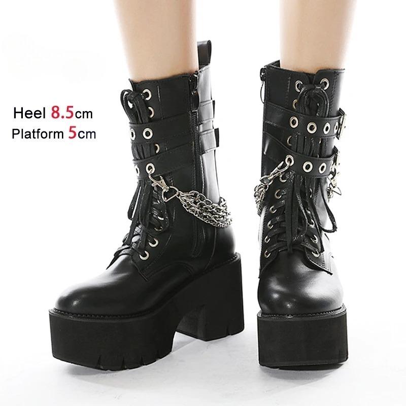 Autumn Winter Chain Punk Woman Trend Belt Buckle Gothic Black Side Zipper 8.5CM Chunk Heel Mid calf Everyday Use