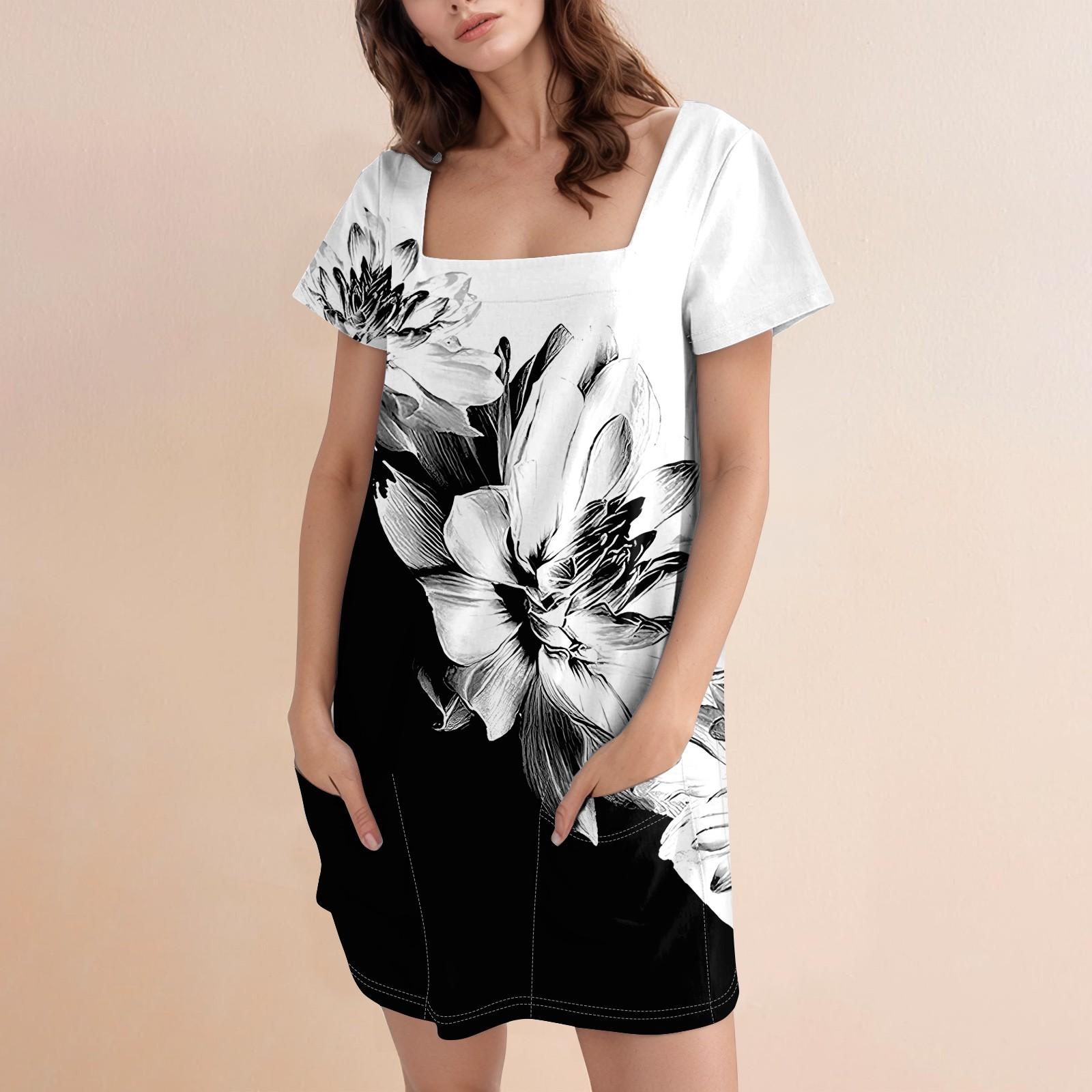 

Женская модная юбка с квадратным воротником и коротким рукавом, повседневное платье с цветочным принтом и карманом XL чёрный