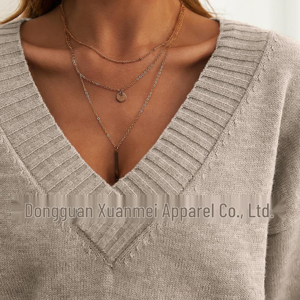 European & American Style Women's Loose V-Neck Knitted Pullover Sweater