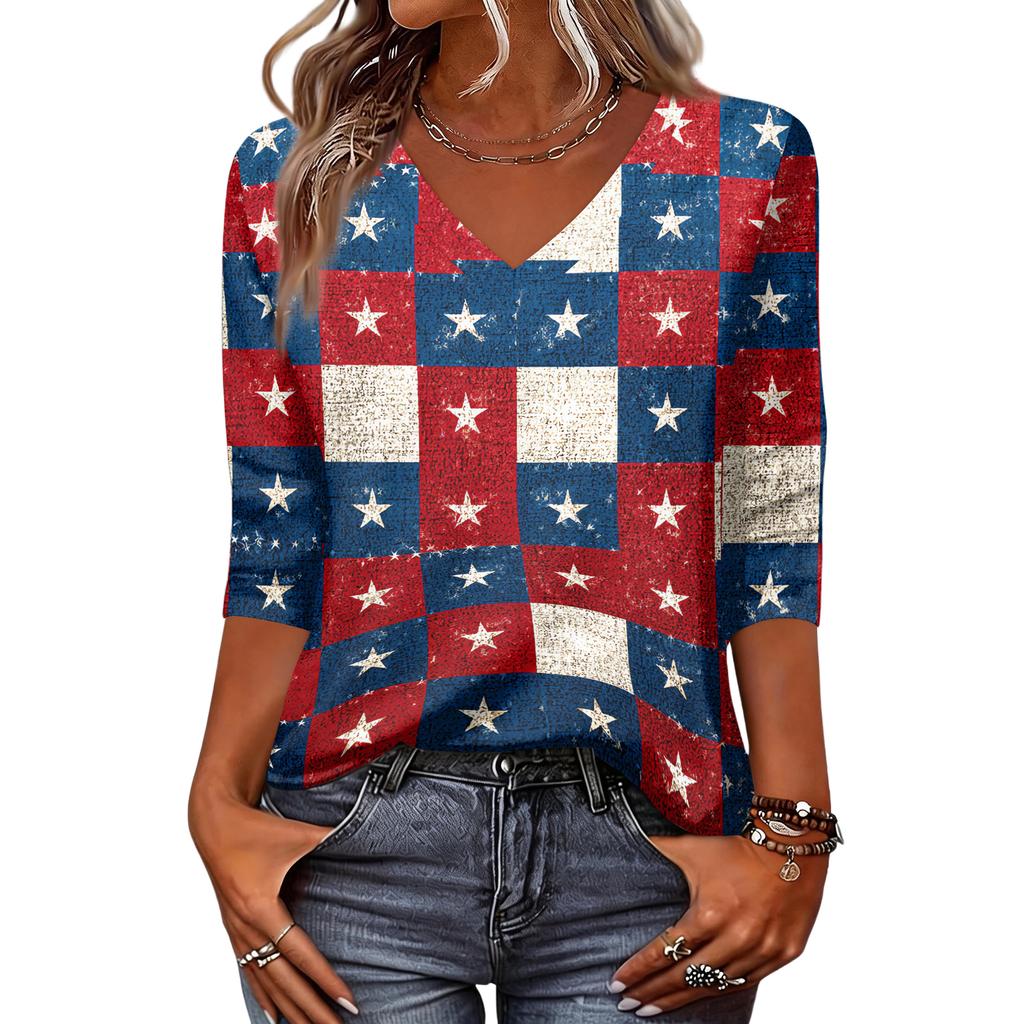 Women's Tops Three-quarter Sleeve Shirt V-neck Loose Casual Shirt Print T-shirt