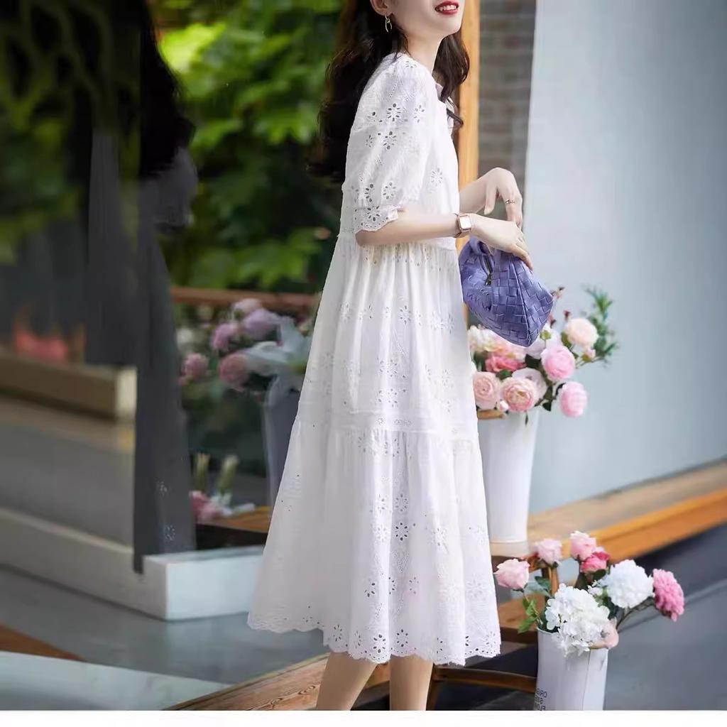 Hollow White Skirt Summer Updated Sweet Bubble Sleeve Short Sleeve White Cotton Dress
