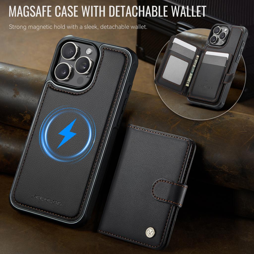For iPhone 14 Pro Case JEEHOOD J09 RFID Blocking Card Holder Leather Back Phone Cover Compatible with MagSafe