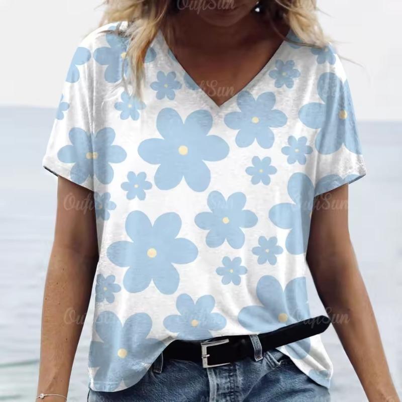 New Floral Print T-shirt for Women Summer V-Neck Casual Short Sleeve Tees Female Loose Streetwear Fashion Daily Clothing Tops Oversized Ladies Tops