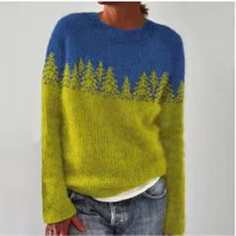 European & American Women's Color-Block Round Neck Fashion Pullover Sweater