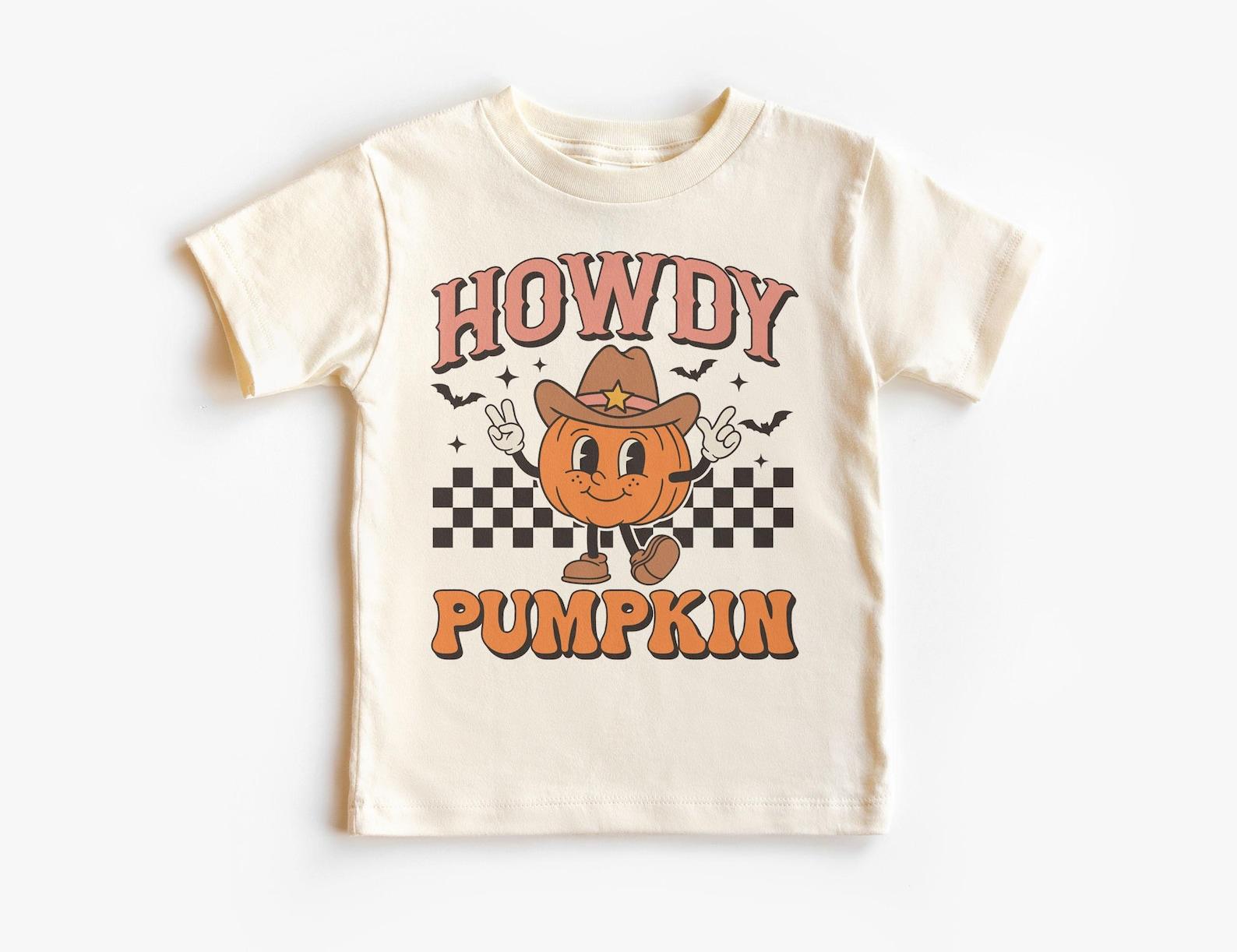 Howdy Pumpkin Kids Western Boys And Girls Shirt - Retro Cowboy Cowgirl Halloween Outfit - Unisex, Youth & Kids Natural T-Shirt 110