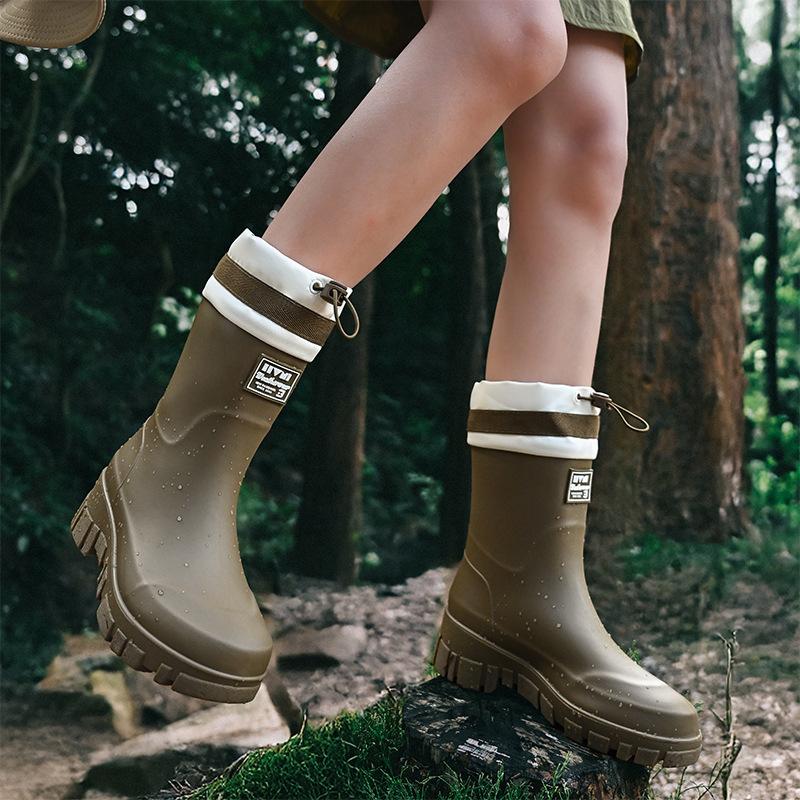 Solid Big Men Women Outdoor Tide Non-slip Waterproof Parent-Child Rain Boots Children Hundred Couple Adjustable Drawstring