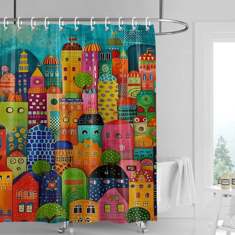 Colorful Cityscape Shower Curtain - Vibrant Skyline Waterproof with Grommets, Modern Bathroom Decor