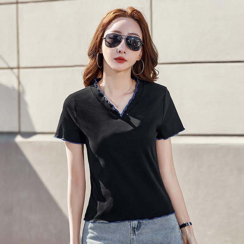 

Женский летний новый простой топ с V-образным вырезом и короткими рукавами XL чёрный