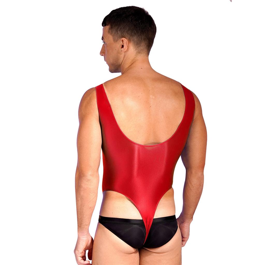 Mens High Cut Sleeveless Bodysuit Glossy Backless Leotard One-Piece Swimsuit Yoga Fitness Swimming Performance Wear