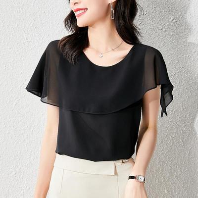 Aiyimaiyi 2023 Zomer Chiffon Korte Mouw Dames Slim Fit Buikbedekkende Top