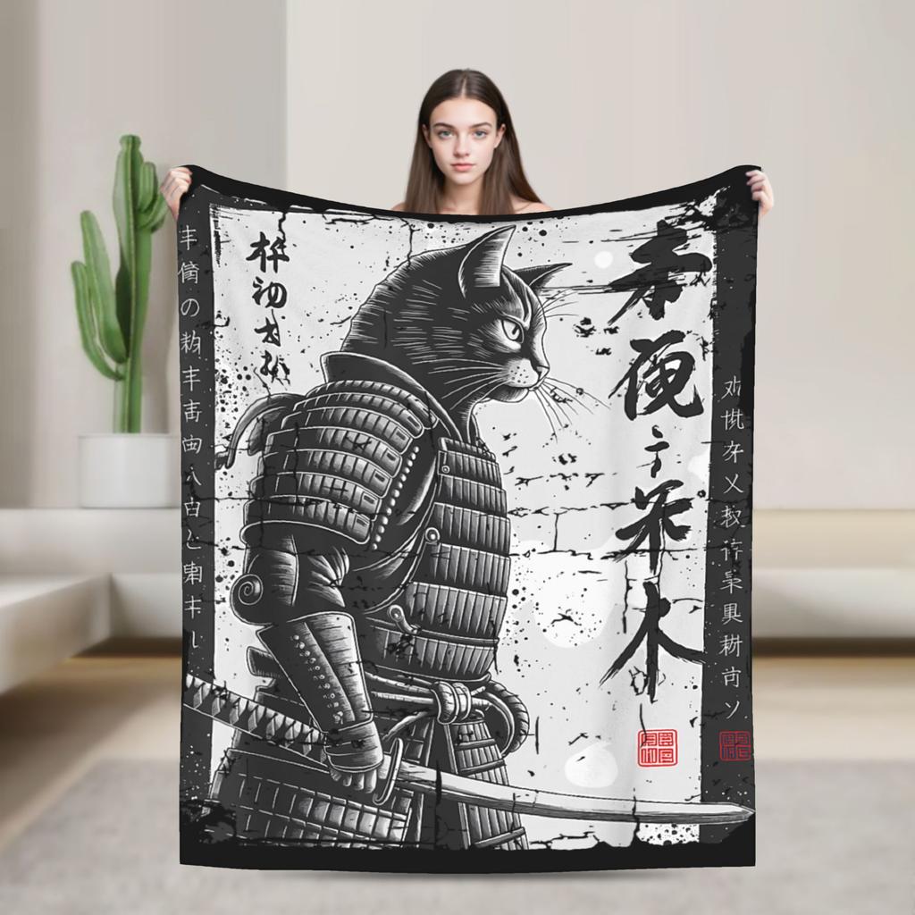 Ukiyo-e Samurai Japanese Ink Art Cat Fashion Blanket Flannel Autumn Winter Vintage Artwork Multifunction Thin Throw Fashion Blanket Bedsprea