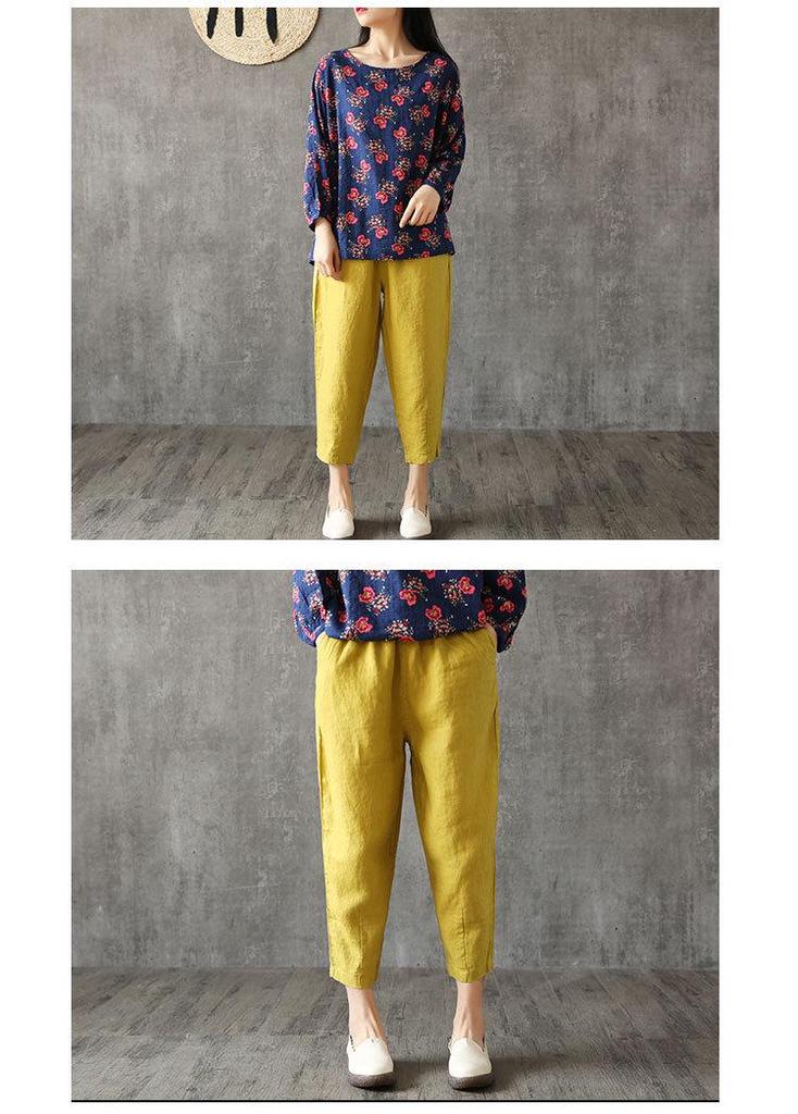 Women's Summer Washed Cotton Cropped Harem Pants, Solid Color, Loose Fit, Elastic Waist, Slimming, Versatile Style