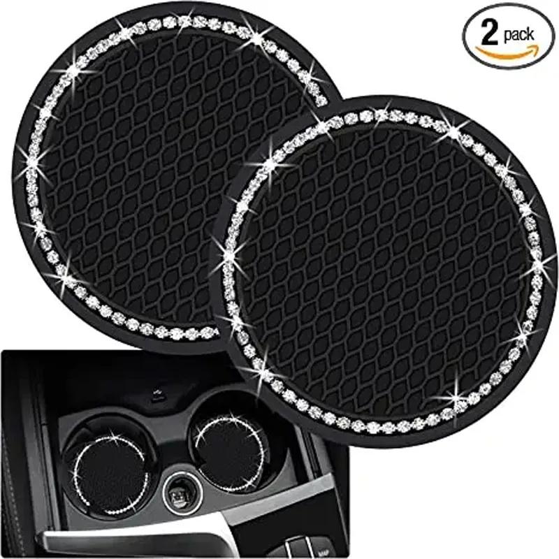 2pcs Cute Bling Car Cup Holder Coaster Mat with Rhinestone for Women Girl Universal Anti Slip Automotive Interior Amagi