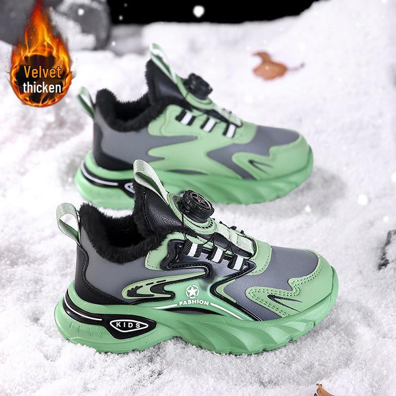 2025 Winter Boys' Leather Sports Shoes - Velvet Lined, Big Cotton, Student Running Shoes