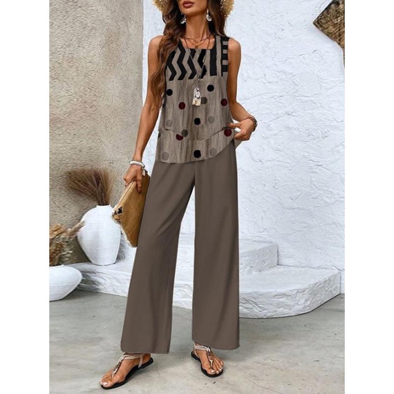 New spot European and American women's clothing hot-selling sleeveless double-layer vest pants set T-shirt