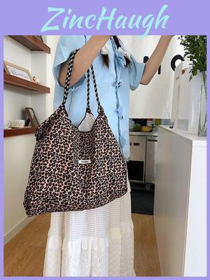 Stylish Vintage Leopard Print Corduroy Shoulder Bag Spacious Tote For Daily Use