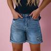 Jeans Feminino Cor Sólida Stretch Slim Fit Shorts Jeans Destroyed