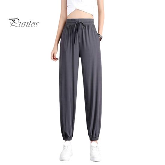 Summer Thin Ice Silk Sports Pants Elastic Drawstring Waist Pockets Casual Sweatpants Solid Color Loose Fit Fitness Trousers Streetwear