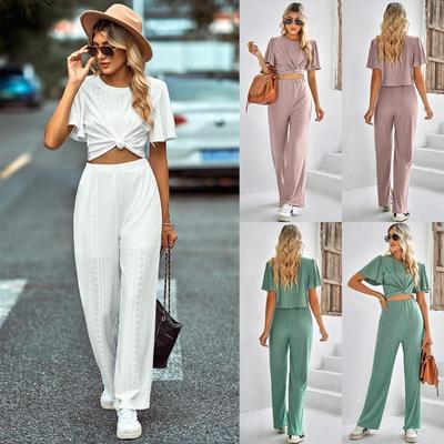DX--Nieuw voor lente en zomer  wens Europese en Amerikaanse buitenlandse handel dames effen kleur casual gebreide openwerk ronde hals set