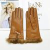 Women's Sheepskin Bow Gloves with Warm Velvet Lining and Genuine Leather Driving Gloves