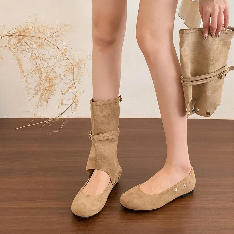 Flat-bottomed Khaki Retro Women's Boots, New Spring and Autumn with Skirts, Sandals, Thin Trousers, Boots, Medium Boots, Women