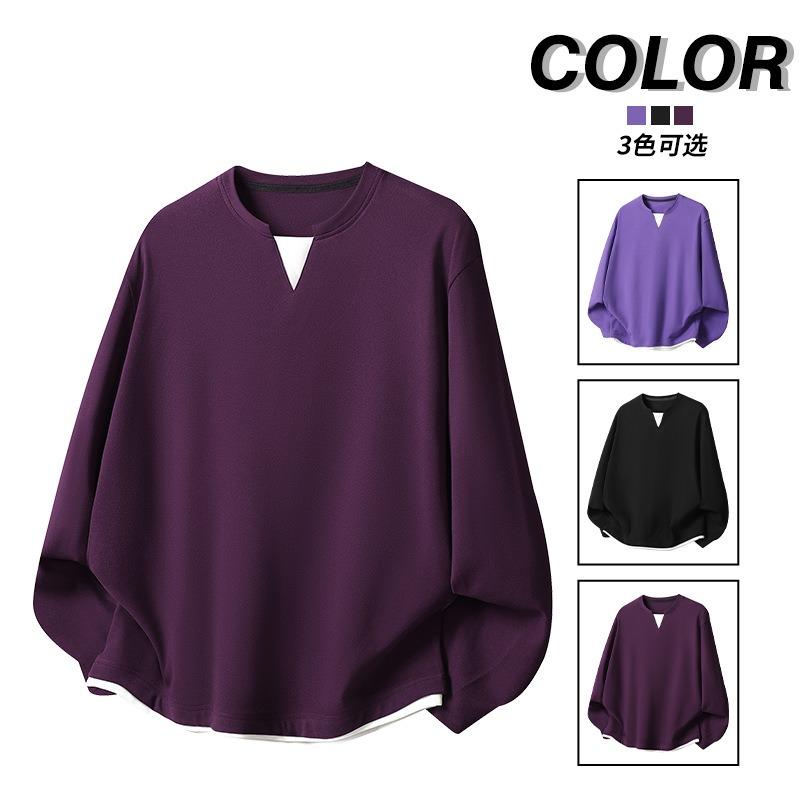 Casual Fake Two-piece Long-sleeved T-shirt for Men In Autumn Winter Loose Simple Double Layer