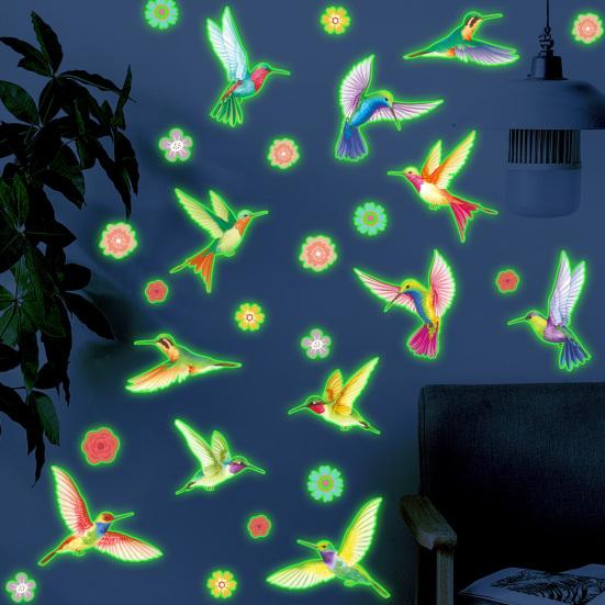 Glow in The Dark Wall Sticker, Hummingbirds Flowers Luminous Wall Decal, Waterproof Self Adhesive Sticker for Kids Room Nursery