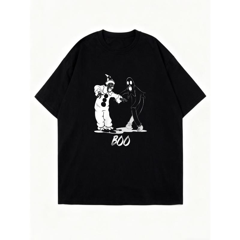 Oversized T Shirt Black Cartoon Ghost And Clown Print With Boo Text Halloween Party Wear