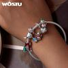 WOSTU 925 Silver Christmas Tree Car Beads Elk Snowflake Charm Snowman Puppy Cat Pendant Fit DIY Bracelet Necklace Cute Xmas Gift
