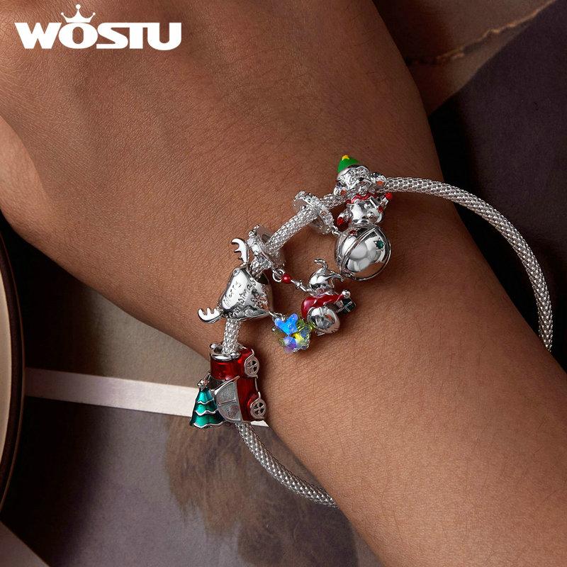 WOSTU 925 Silver Christmas Tree Car Beads Elk Snowflake Charm Snowman Puppy Cat Pendant Fit DIY Bracelet Necklace Cute Xmas Gift