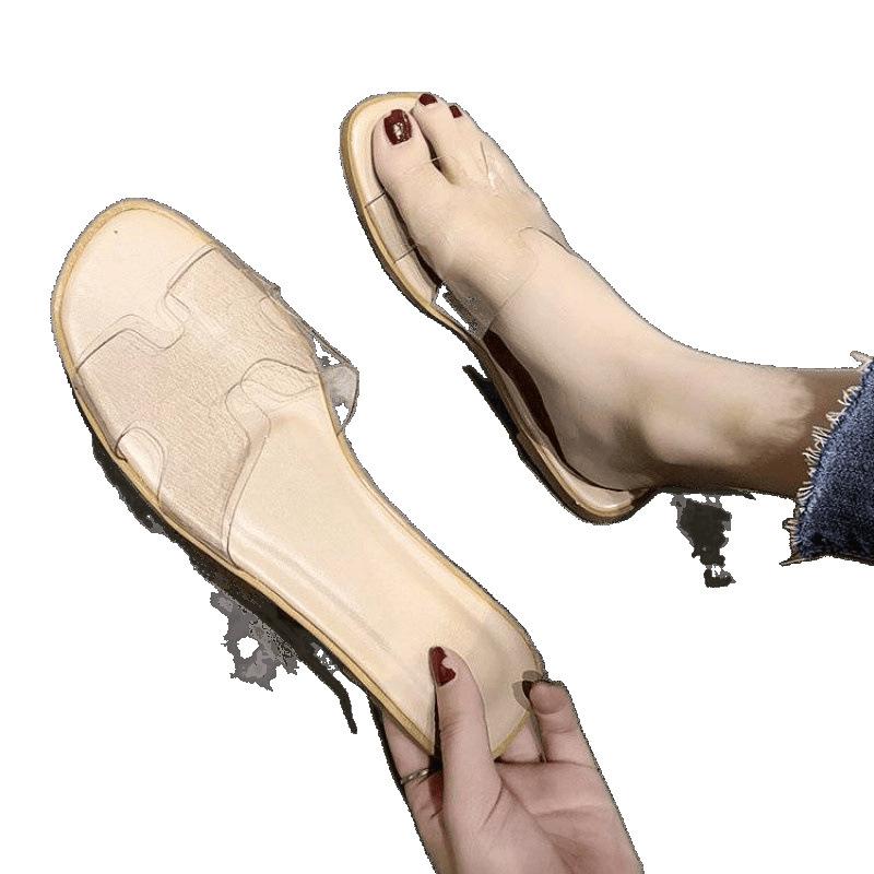 Summer new women's shoes one word fashion Korean version transparent jelly cool slippers flat bottom women's square head slippers women