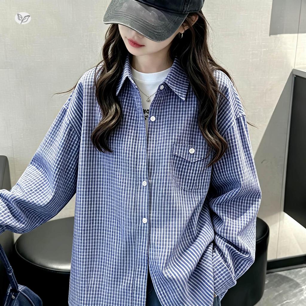 Girls' Autumn 2026 Korean Plaid Long Sleeve Cardigan Shirt
