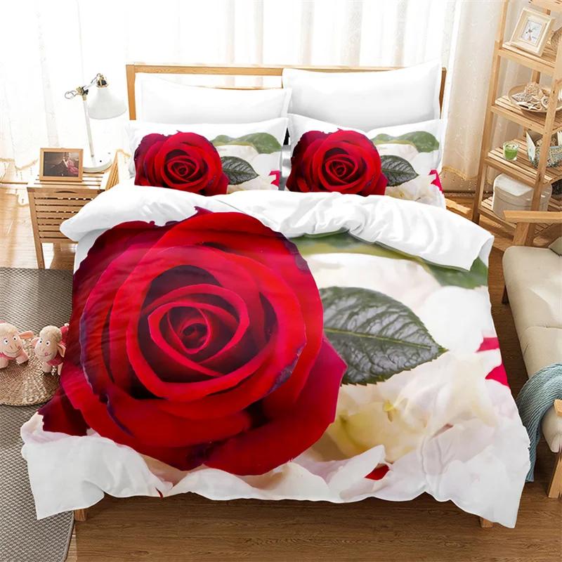 Comforter Rose Flower Bedding Set 4Pcs Pink Red 200X230 For Double Bed 3D Bedsheet 230X230 Full Size Thin Fabric