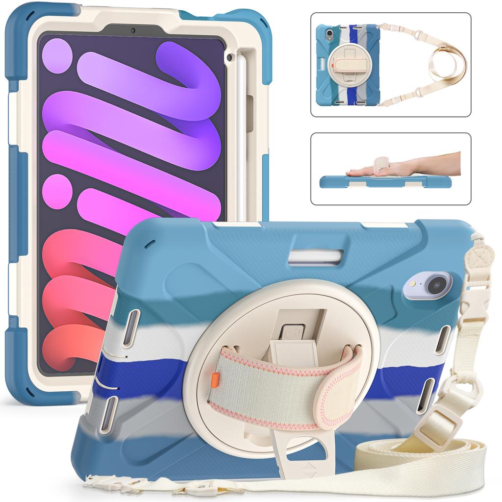 Heavy Duty Case Universal for IPad Mini 7 A17 Pro 2024 2021 8.3" Rotatable Stand Hybrid Cover with Hand Shoulder Strap, Pen Slot