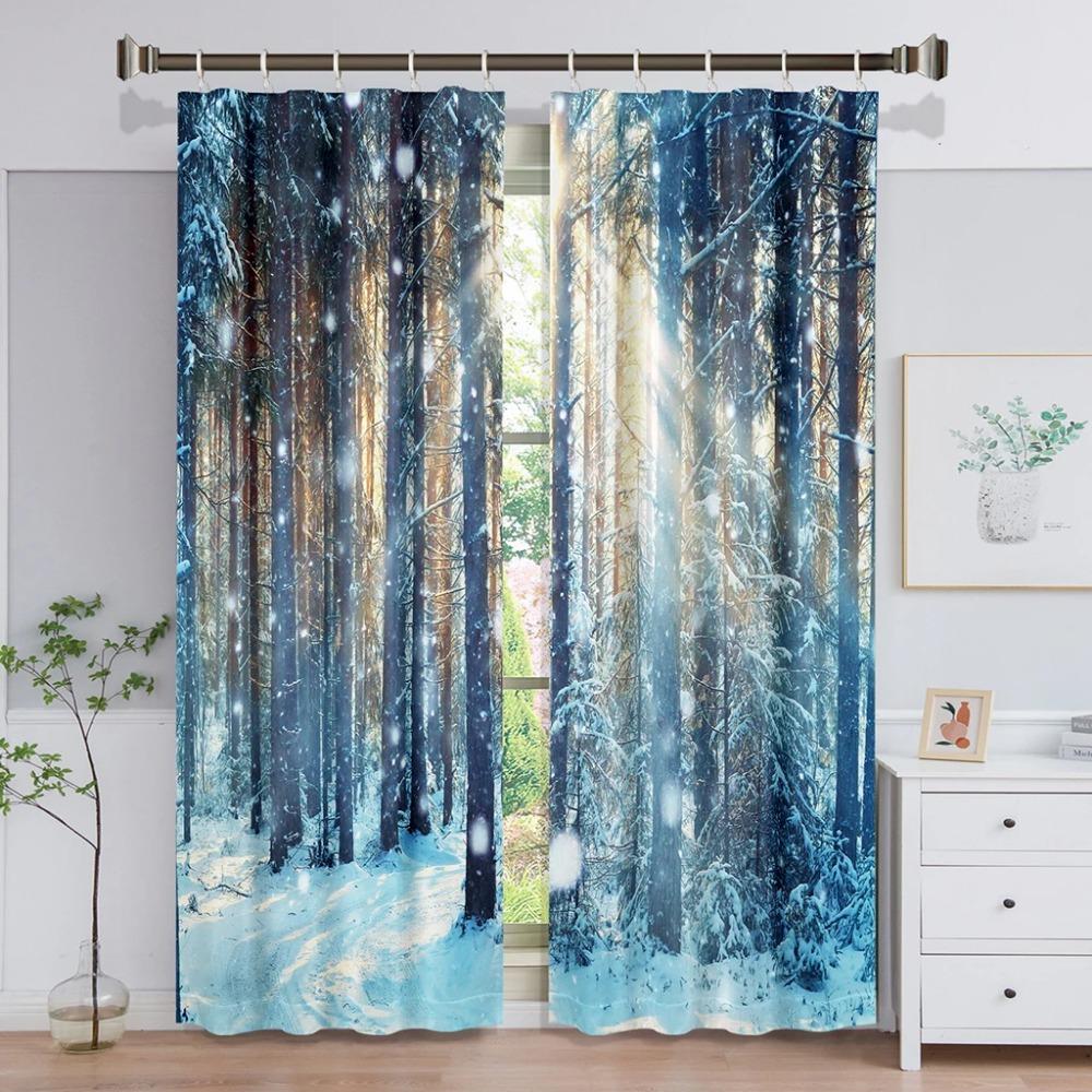 Natürlicher Wald Schneeszene Außentür Leichte Fensterscheiben Vorhänge designed für Kinder Wohnzimmer Schlafzimmer Badezimmer Küche Schrank Haken 2 Stück