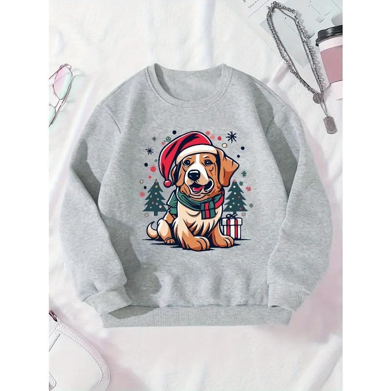 Puppy with Santa Hat Girls' Round Neck Sweatshirt