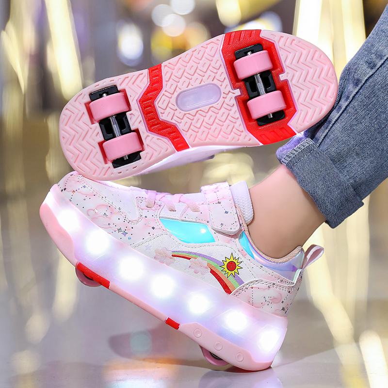 Kid's Roller Skates Removable Flat Charging LED Four Wheels Glowing Sports Shoes  Women's Glowing Sneakers