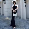 Black One-word Shoulder Star Same Evening Dress Color Matching High-end Niche Fishtail Engagement Host Dress Long