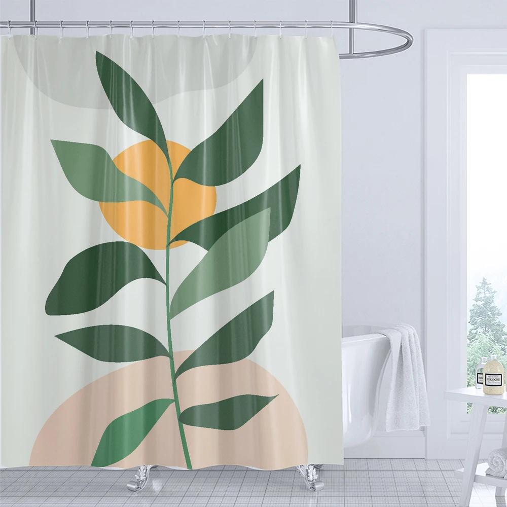 Green Leaf Art Abstract Plants Shower Curtain Print Modern Nordic Minimalist Polyster Home Decor Bathroom Curtain with Hooks