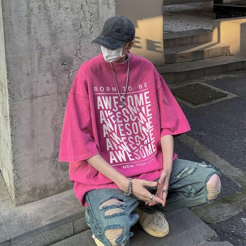 

American Retro Letter Printed T-shirts Summer Casual Half Sleeve Men s Clothing Stylish Distressed Loose Young Style Pullovers XXL рожевий