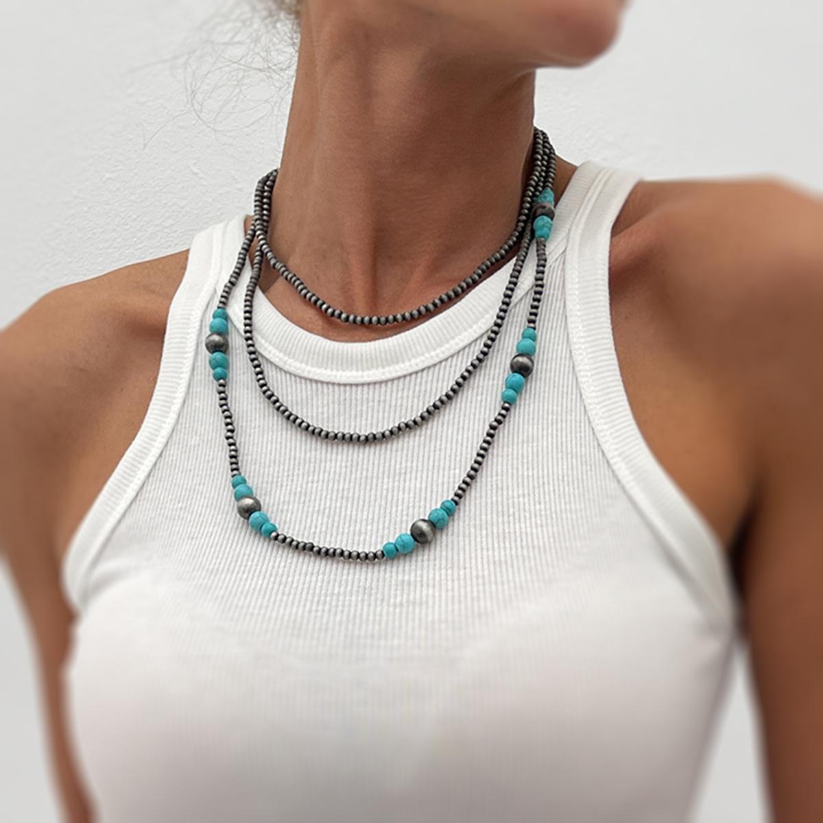 

Bohemian stacked turquoise bow handmade necklace, Navajo style beaded ethnic necklace