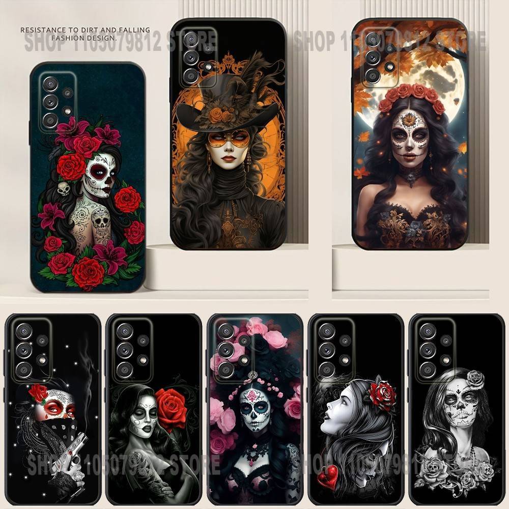 Catrina Beautiful Rose Girl Skull Phone Case For Samsung S25,24,21,22,23,30,Ultra,20,Plus Black soft silicone case