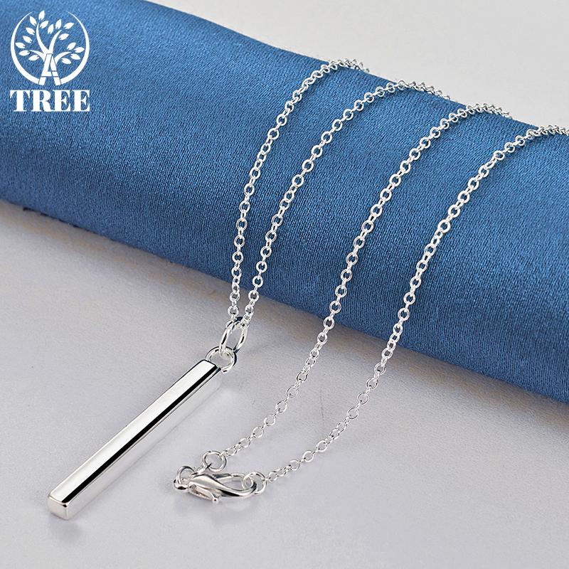 925 Sterling Silver Smooth Square Pillar Pendant Necklace Fashion Jewelry