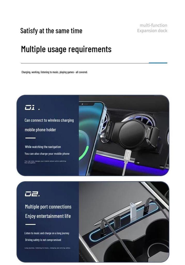Compatible with Tesla Model 3/Y Docking Station: Central Control Type-C Phone Charger & 27W USB Expander