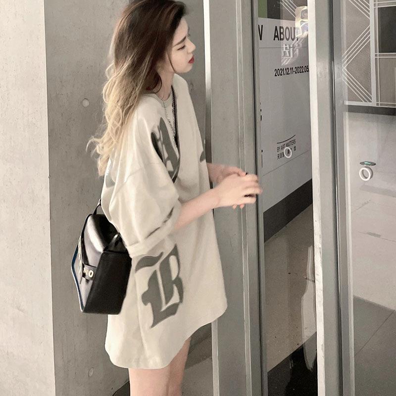 

Женская футболка в стиле ретро, свободного кроя, средней длины, с американским принтом - Летний топ оверсайз с коротким рукавом M абрикосовый