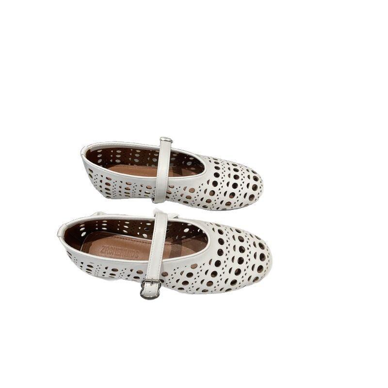 Versione in pelle di pecora~ Scarpe Mary Jane estive in pelle a bocca bassa con cinturino a fibbia a una parola, traforate, punta rotonda, suola piatta, scarpe da ballo da donna